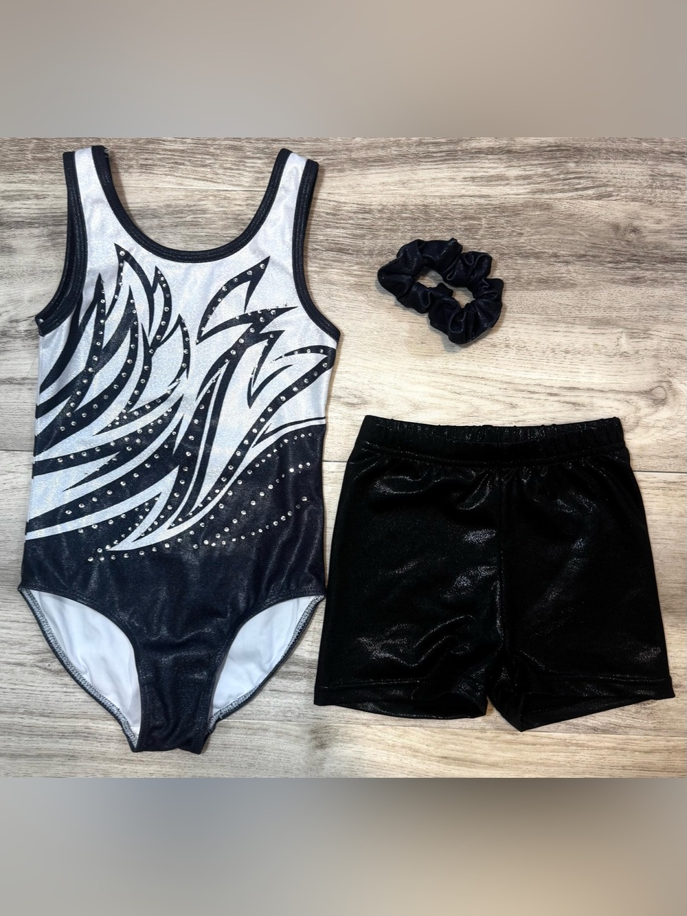 EUC Black and Silver Kids One-Piece Leotard with Shorts and Scrunchie